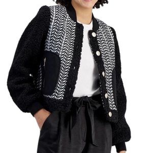 7 For All Mankind Women's Mixed-Media Black White Sherpa-Trim Bomber Jacket Coat